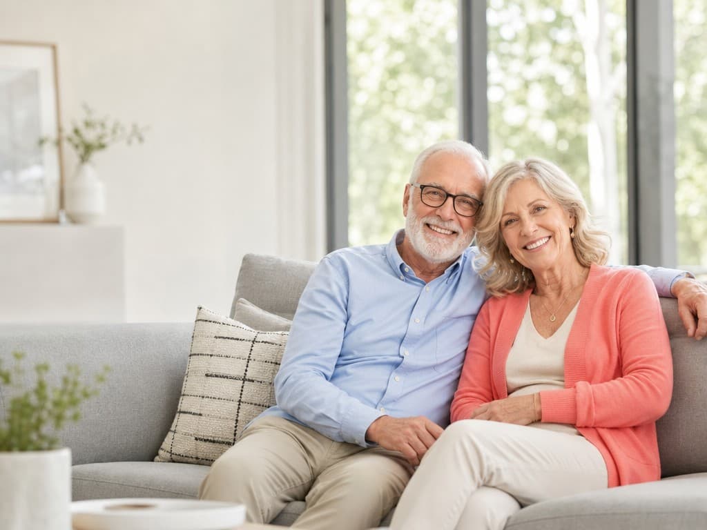 An older couple relaxing together on their couch at home