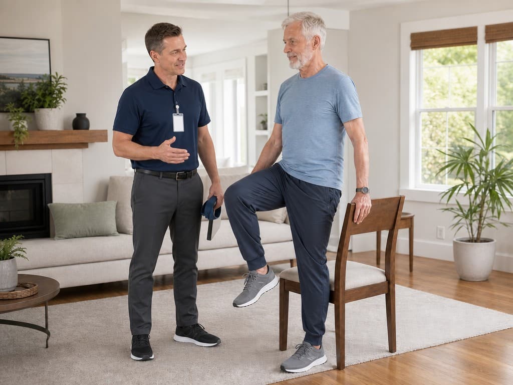 An older man doing a supported chair exercise with his in-home clinician